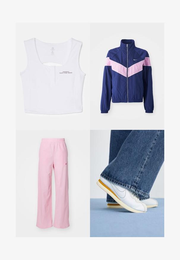 Navy Windbreaker-Jacke mit pinken Chevron-Streifen, Reißverschluss vorne, Stehkragen und elastischen Bündchen. Leichtes, glattes Material. Nike-Logo auf der Brust.; Weißes, kurzes Tanktop aus Baumwollmischung. Verfügt über einen Schlüsselaugen-Ausschnitt am Rücken und schwarze Logo-Details auf der Vorderseite.; Rosa Hosen mit elastischem Bund und lässiger Passform. Sie verfügen über ein rotes Logo auf der linken Seite und eine glatte, leichte Textur.; Weiße Leder-Sneaker mit gelben Akzenten, runder Zehenpartie und strukturiertem Gummisohle, kombiniert mit dunkelblauen Jeans im Schlagstil.