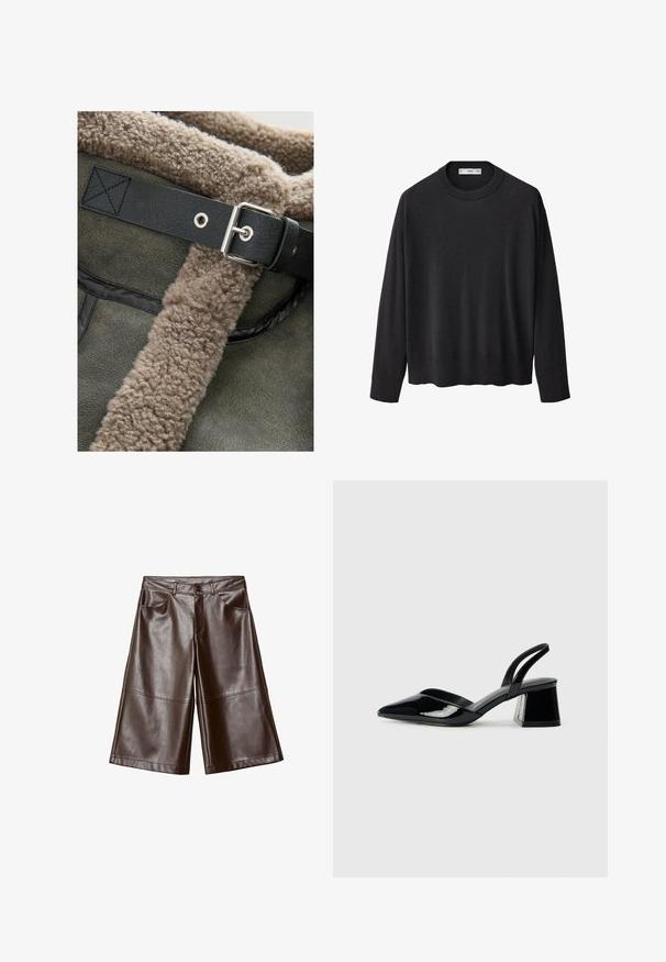 Šedá semišová látka s hřejivým béžovým beránkem. Obsahuje černý kožený pás a detail stříbrné kovové spony.; Černý pletený svetr s vroubkovaným kulatým výstřihem, dlouhými rukávy a rovnými lemy. Měkká textura, minimalistický design a univerzální styl.; Hnědé šortky z imitace kůže s širokými nohavicemi a délkou po kolena, s předními kapsami a poutky na opasek, ležící na bílém pozadí.; Černé lakované kožené lodičky na pásku s špičatou špičkou a geometrickým blokovým podpatkem. Vyznačují se elegantním, minimalistickým designem a hladkým povrchem.