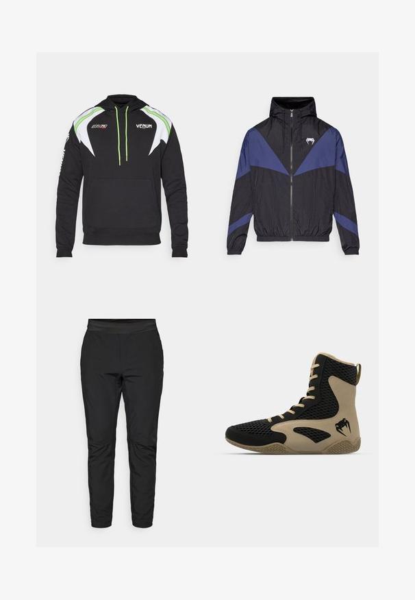 Črn in temno moder zadrge windbreaker s kapuco, elastičnimi manžetami in belim logotipom zob na prsih, položen na belo ozadje.; Črna hoodie z belimi in limetasto zelenimi detajli, z sprednjim žepom, vrvicami za zategovanje in logotipi na prsih in rokavu. Mehka tkanina.; Črne elastične hlače s prilegajočim dizajnom, elastičnim pasom in žepi na zadrgo. Gladka struktura z rahlo sijajnim zaključkom.; Športni čevlji z visokim zgornjim delom z črnim mrežastim zunanjim materialom in bež poudarki. Teksturiran gumijast podplat in podrobnost logotipa na strani.
