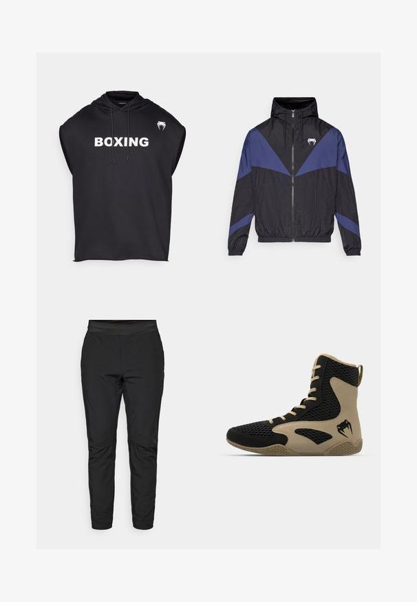 Svart og mørkeblå vindjakke med glidelås og hette, elastiske mansjetter, og en hvit fang-logo på brystet, lagt flatt på en hvit bakgrunn.; Svart ermeløs hettegenser laget av stoff med en glatt tekstur. Har et stort hvitt "BOXING"-trykk på fronten og en liten logo på skulderen.; Svarte stretchy bukser med en tettsittende design, elastisk midje og glidelåslommer. Jevn tekstur med en svakt skinnende overflate.; Høye idrettssko med svart nettverksutside og beige detaljer. Teksturert gummisåle og logo på siden.