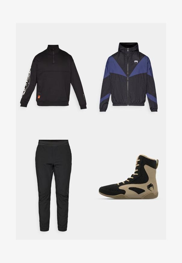 Schwarze und dunkelblaue Windjacke mit Reißverschluss und Kapuze, elastischen Bündchen und einem weißen Fang-Logo auf der Brust, flach auf einem weißen Hintergrund ausgelegt.; Schwarzer Pullover mit hochgeschlossenem Kragen, halber Reißverschluss und langen Ärmeln. Verfügt über strukturierte Einsätze und weiße Grafiken auf dem Ärmel.; Schwarze Leggings mit taillierter Passform, elastischem Bund und Reißverschlusstaschen. Glatte Textur mit einem leicht glänzenden Finish.; Hochschuh mit schwarzem Mesh-Obermaterial und beigen Akzenten. Strukturiertem Gummisohle und Logodetail an der Seite.