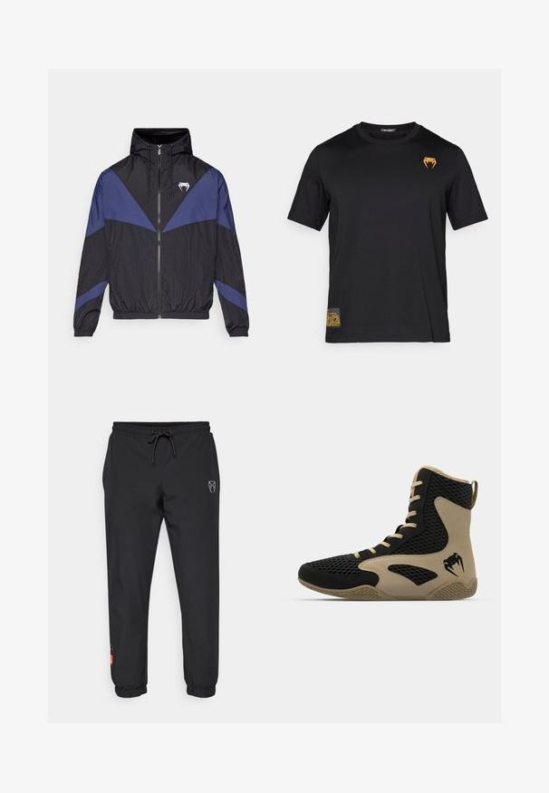 Rompevientos negro y azul oscuro con cremallera y capucha, puños elásticos, y un logo de colmillo blanco en el pecho, colocado plano sobre un fondo blanco.; Camiseta de algodón negra de manga corta, con un logo de serpiente naranja en la parte superior izquierda y un acento con patrón en la parte inferior izquierda.; Pantalones jogger negros hechos de material ligero, con una cinturilla elástica con cordón, piernas ajustadas y detalles de logo en la parte frontal.; Zapatilla deportiva de caña alta con un exterior de malla negra y acentos en beige. Suela de goma texturizada y detalle del logotipo en el costado.