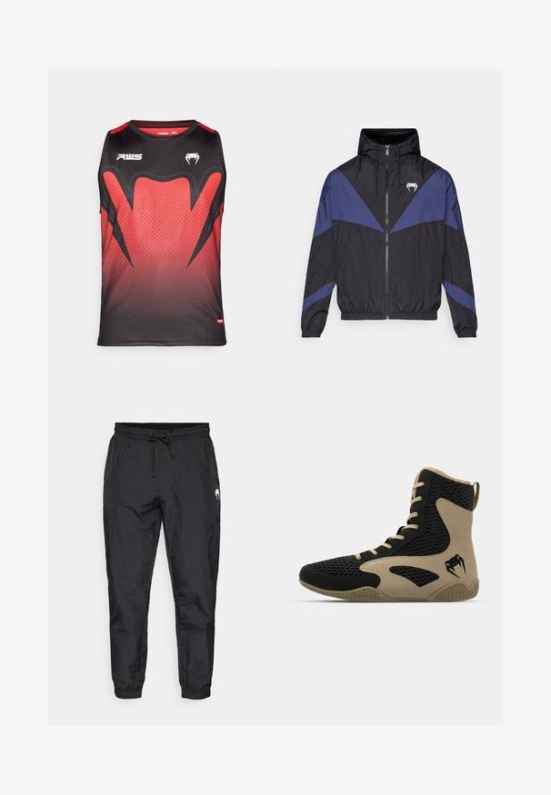 Schwarze und dunkelblaue Windjacke mit Reißverschluss und Kapuze, elastischen Bündchen und einem weißen Fang-Logo auf der Brust, flach auf einem weißen Hintergrund ausgelegt.; Schwarzes und rotes ärmelloses Sport-Top mit einem Farbverlaufmuster, hexagonalem Textur und kräftigen schwarzen Akzenten mit Logos.; Schwarze, leichte Jogginghosen mit einem elastischen Bund und Kordelzug, schmal zulaufenden Beinen und subtiler texturierter Oberfläche.; Hochschuh mit schwarzem Mesh-Obermaterial und beigen Akzenten. Strukturiertem Gummisohle und Logodetail an der Seite.