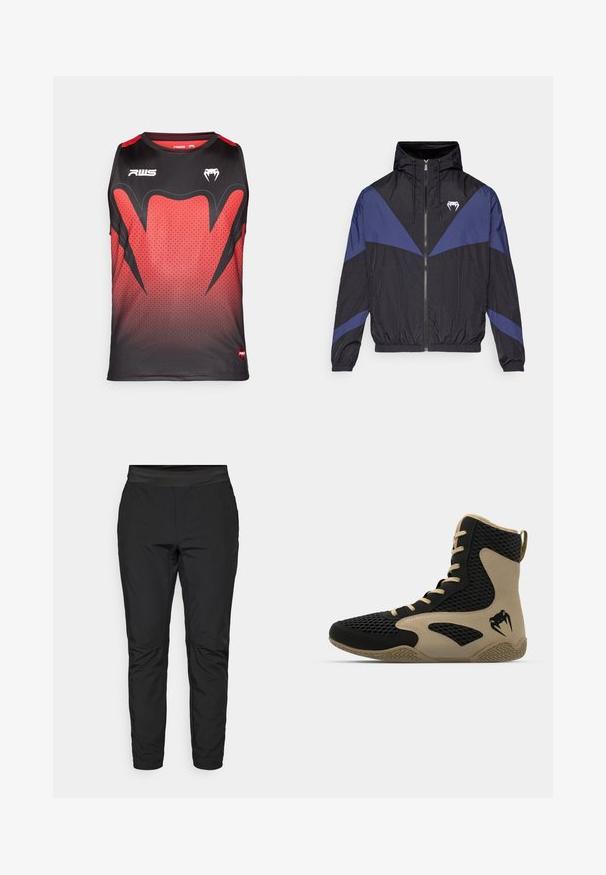 Giacca a vento nera e blu scuro con zip e cappuccio, polsini elastici e un logo a forma di dente bianco sul petto, posata su uno sfondo bianco.; Canotta sportiva senza maniche nera e rossa con un motivo a gradiente, texture esagonale e audaci accenti neri con loghi.; Pantaloni neri elasticizzati con un design aderente, vita elastica e tasche con zip. Texture liscia con una finitura leggermente lucida.; Scarpa sportiva alta con esterno in rete nera e dettagli color beige. Suola in gomma testurizzata e logo sul lato.