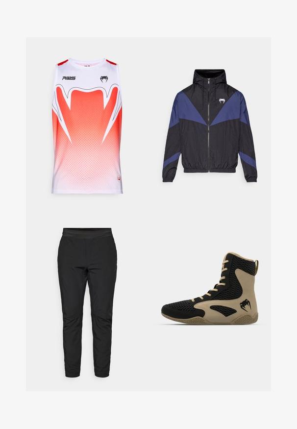 Juoda ir tamsiai mėlyna zip-up vėjo parkeris su kapišonu, elastiniais rankogaliais ir balta ilčių logo ant krūtinės, išdėstyta ant baltos fono.; Beisvilkė be rankovių balta ir raudonos gradientinės spalvos, su geometriniu raštu, apvaliu iškirpimu ir prekės ženklo logotipais priekyje.; Juodi tamprūs kelnės su prigludusia forma, elastinga juosta ir užtrauktuku uždaromomis kišenėmis. Lygi tekstūra su lengvu blizgesiu.; Aukštesni sportiniai batai, turintys juodą tinklinį paviršių su smėlio spalvos akcentais. Tekstūruota gumos pašiūrė ir logotipo detalė šonėje.