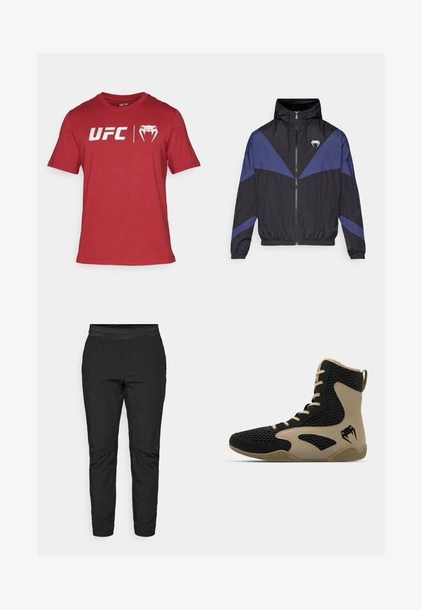 Černá a tmavě modrá větrovka se zipem a kapucí, elastickými manžetami a bílým logem tesáku na hrudi, ležící na bílém pozadí.; Červené tričko s krátkým rukávem vyrobené z bavlny, které na přední straně nese logo "UFC" a designový prvek stylizované tváře zvířete.; Černé elastické kalhoty s těsným střihem, elastickým páskem a kapsami na zip. Hladká textura s mírně lesklým povrchem.; Vysoké sportovní boty s černou síťovinou a béžovými akcenty. Texturovaná gumová podrážka a detail loga na boku.