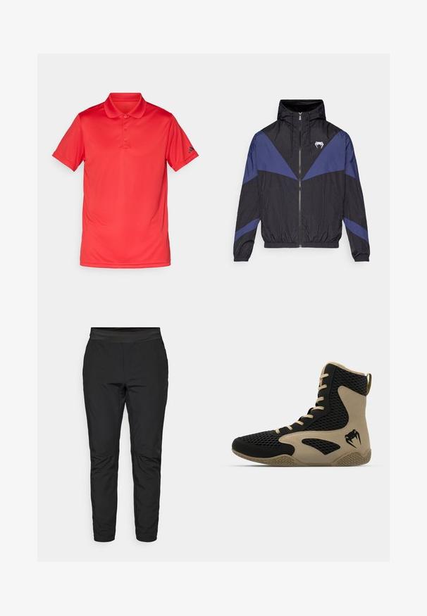 Černá a tmavě modrá větrovka se zipem a kapucí, elastickými manžetami a bílým logem tesáku na hrudi, ležící na bílém pozadí.; Červené polo tričko s krátkým rukávem a třemi knoflíky, s límečkem, obsahující malé černé logo na levém rukávu, zobrazené na bílém pozadí.; Černé elastické kalhoty s těsným střihem, elastickým páskem a kapsami na zip. Hladká textura s mírně lesklým povrchem.; Vysoké sportovní boty s černou síťovinou a béžovými akcenty. Texturovaná gumová podrážka a detail loga na boku.