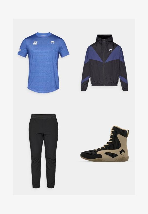 Melns un tumši zilas krāsas vējjakas ar rāvējslēdzēju un kapuci, elastīgām aprocēm un baltu zobenu logotipu uz krūtīm, izklāta uz baltas fona.; Zila sporta T-krekls ar ģeometrisku rakstu, apaļu kakla izgriezumu, īsām piedurknēm un kontrastējošiem baltiem logotipiem uz krūškurvja un piedurknes.; Melni stiepļu bikses ar pieguļošu dizainu, elastīgu jostasvietu un ar rāvējslēdzējiem aprīkotiem kabatām. Gluda tekstūra ar nedaudz spīdīgu apdari.; Augstas augšas sporta apavi ar melnu sietiņu ārpusi un bežām akcentiem. Strukturēta gumijas zole un logo detalizācija sānos.