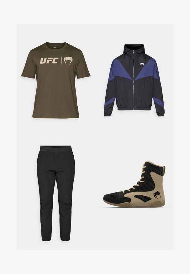 Svart og mørkeblå vindjakke med glidelås og hette, elastiske mansjetter, og en hvit fang-logo på brystet, lagt flatt på en hvit bakgrunn.; Oliven grøn t-skjorte laget av bomull, med UFC-logoen og et slangegraphisk design i lys beige. Rund hals og korte ermer.; Svarte stretchy bukser med en tettsittende design, elastisk midje og glidelåslommer. Jevn tekstur med en svakt skinnende overflate.; Høye idrettssko med svart nettverksutside og beige detaljer. Teksturert gummisåle og logo på siden.