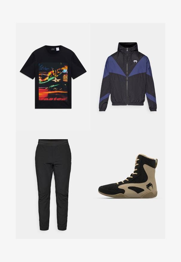 Schwarze und dunkelblaue Windjacke mit Reißverschluss und Kapuze, elastischen Bündchen und einem weißen Fang-Logo auf der Brust, flach auf einem weißen Hintergrund ausgelegt.; Schwarzes T-Shirt mit kurzen Ärmeln, bedruckt mit einem bunten, verschwommenen Neonlichteffekt, einschließlich eines Sterns mit der Zahl eins und teilweise rotem Text "schneller".; Schwarze Leggings mit taillierter Passform, elastischem Bund und Reißverschlusstaschen. Glatte Textur mit einem leicht glänzenden Finish.; Hochschuh mit schwarzem Mesh-Obermaterial und beigen Akzenten. Strukturiertem Gummisohle und Logodetail an der Seite.