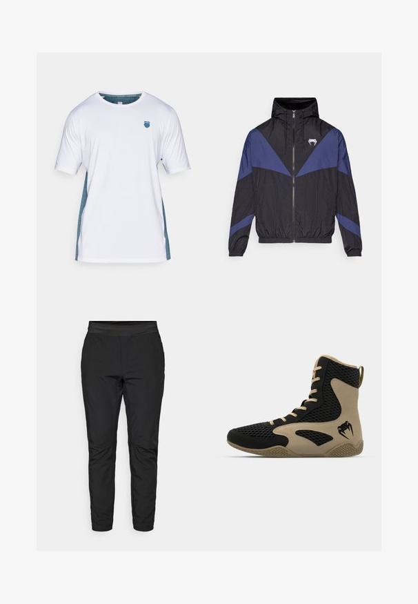 Černá a tmavě modrá větrovka se zipem a kapucí, elastickými manžetami a bílým logem tesáku na hrudi, ležící na bílém pozadí.; Bílý krátký rukáv T-shirt s tyrkysovými bočními akcenty a modrým štítovým logem na hrudi. Vyrobeno z prodyšné tkaniny, hladká textura.; Černé elastické kalhoty s těsným střihem, elastickým páskem a kapsami na zip. Hladká textura s mírně lesklým povrchem.; Vysoké sportovní boty s černou síťovinou a béžovými akcenty. Texturovaná gumová podrážka a detail loga na boku.