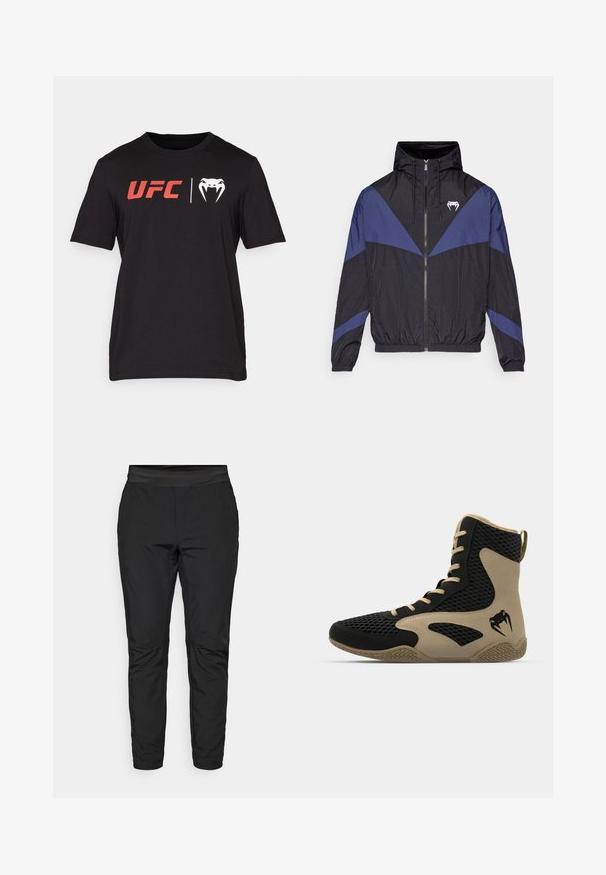 Černá a tmavě modrá větrovka se zipem a kapucí, elastickými manžetami a bílým logem tesáku na hrudi, ležící na bílém pozadí.; Černé bavlněné tričko s krátkým rukávem. Na přední straně se nachází červené logo "UFC" a bílá grafika hada. Kulatý výstřih, hladký povrch.; Černé elastické kalhoty s těsným střihem, elastickým páskem a kapsami na zip. Hladká textura s mírně lesklým povrchem.; Vysoké sportovní boty s černou síťovinou a béžovými akcenty. Texturovaná gumová podrážka a detail loga na boku.