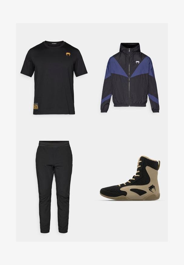 Sort og mørkeblå hættetrøje med lynlås, elastiske manchetter og et hvidt tandlogo på brystet, lagt fladt på en hvid baggrund.; Sort bomulds T-shirt med korte ærmer, der har et orange slange-logo øverst til venstre samt et mønstret accentnederst til venstre.; Sorte strækbukser med en tætsiddende pasform, elastisk talje og lynlåslommer. Glat tekstur med en let skinnende finish.; Høj-top atletisk sko med en sort mesh-yderside og beige accenter. Tekstureret gummisål og detaljeret logo på siden.