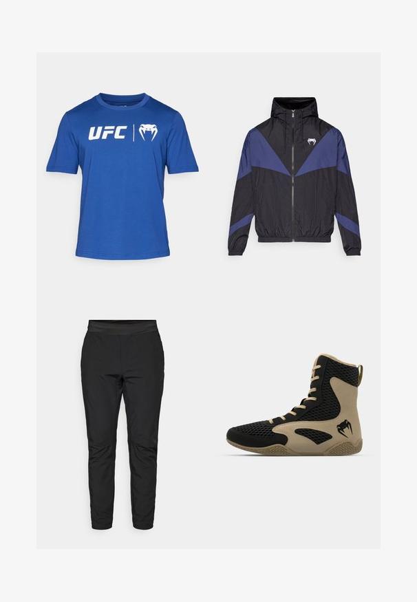 Melns un tumši zilas krāsas vējjakas ar rāvējslēdzēju un kapuci, elastīgām aprocēm un baltu zobenu logotipu uz krūtīm, izklāta uz baltas fona.; Zilā T-kreklu ar īsām piedurknēm, kas izgatavots no kokvilnas, ar baltu "UFC" tekstu un logotipu priekšpusē, apaļa kakla izgriezuma un parasta piegriezuma.; Melni stiepļu bikses ar pieguļošu dizainu, elastīgu jostasvietu un ar rāvējslēdzējiem aprīkotiem kabatām. Gluda tekstūra ar nedaudz spīdīgu apdari.; Augstas augšas sporta apavi ar melnu sietiņu ārpusi un bežām akcentiem. Strukturēta gumijas zole un logo detalizācija sānos.
