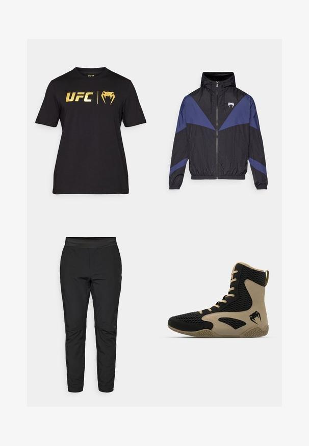 Black and dark blue zip-up windbreaker with hood, elastic cuffs, and a white fang logo on the chest, laid flat on a white background.; Black short-sleeve t-shirt made of cotton with gold UFC logo and snake graphic on the front. Round neck and standard fit.; Black stretch pants with a fitted design, elastic waistband, and zippered pockets. Smooth texture with a slightly shiny finish.; High-top athletic shoe featuring a black mesh exterior with beige accents. Textured rubber sole and logo detail on the side.