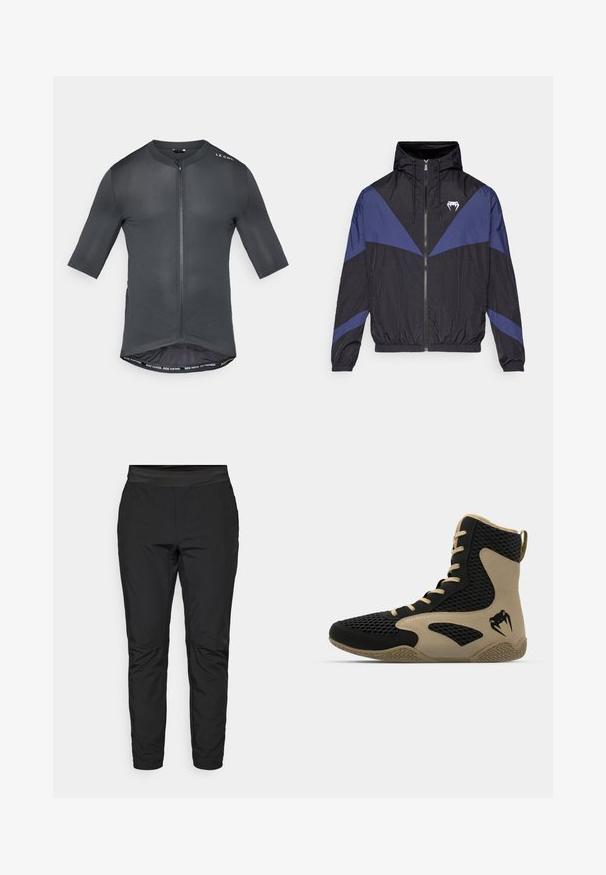 Melns un tumši zilas krāsas vējjakas ar rāvējslēdzēju un kapuci, elastīgām aprocēm un baltu zobenu logotipu uz krūtīm, izklāta uz baltas fona.; Tumši pelēkas īsām piedurknēm domātā velosipēda krekls ar rāvējslēdzēju priekšā, teksturēts audums un atšķirīga iekšējā apmale ar tekstu "BRAUC ĀTRĀK. BRAUC TĀLĀK."; Melni stiepļu bikses ar pieguļošu dizainu, elastīgu jostasvietu un ar rāvējslēdzējiem aprīkotiem kabatām. Gluda tekstūra ar nedaudz spīdīgu apdari.; Augstas augšas sporta apavi ar melnu sietiņu ārpusi un bežām akcentiem. Strukturēta gumijas zole un logo detalizācija sānos.