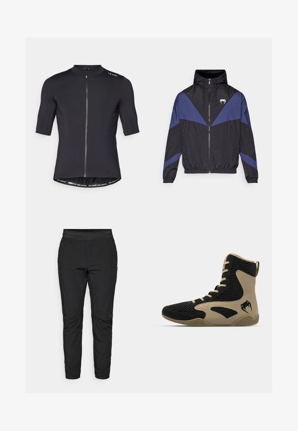 Coupe-vent zippé noir et bleu marine avec capuche, poignets élastiques, et un logo de dent blanche sur la poitrine, posé à plat sur un fond blanc.; Maillot de cyclisme noir à manches courtes avec un col haut, fermeture éclair à l'avant et des détails contrastants au niveau de la taille portant l'inscription "ROULEZ PLUS VITE. ROULEZ PLUS LOIN."; Pantalons de sport noirs extensibles avec un design ajusté, une taille élastique et des poches zippées. Texture lisse avec une finition légèrement brillante.; Chaussure de sport montante avec un extérieur en mesh noir et des accents beiges. Semelle en caoutchouc texturée et détail de logo sur le côté.