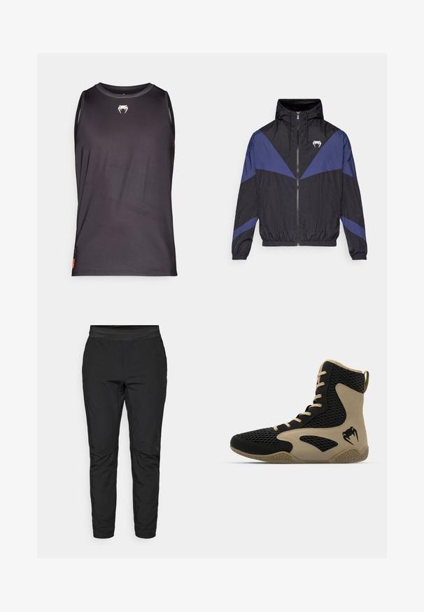 Black and dark blue zip-up windbreaker with hood, elastic cuffs, and a white fang logo on the chest, laid flat on a white background.; Black sleeveless athletic tank top made of smooth, lightweight fabric. Features a small white logo on the chest and side panel accents.; Black stretch pants with a fitted design, elastic waistband, and zippered pockets. Smooth texture with a slightly shiny finish.; High-top athletic shoe featuring a black mesh exterior with beige accents. Textured rubber sole and logo detail on the side.