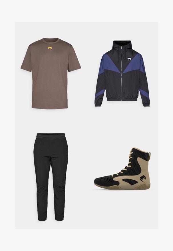 Jachetă de vânt cu fermoar, neagră și albastră închisă, cu glugă, manșete elastice și un logo alb în formă de colți pe piept, așezată plat pe un fundal alb.; Tricou din bumbac maro, cu guler rotund, mâneci scurte și un mic grafic galben în formă de colți pe piept.; Pantaloni de yoga negri, cu un design ajustat, talie elastică și buzunare cu fermoar. Textură netedă cu un finisaj ușor lucios.; Pantofă sport de tip high-top cu un exterior din plasă neagră și accente bej. Talpă din cauciuc texturat și detaliu logo pe lateral.