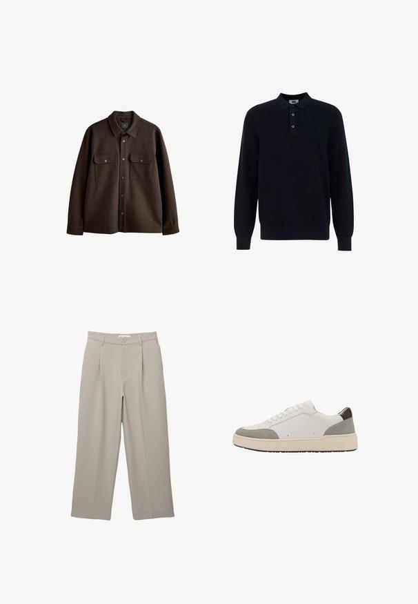 Smeđi jakna na gumb s ovratnikom, dva džepa na prsima i dugmadi na preklapanje; izrađena od mekane tkanine s glatkom teksturom.; WE Fashion Polo majica - dark blue; PULL&BEAR DARTED - Hlače - taupe; Bijele tenisice sa sivim nubukom i tamnosmešnim kožnim detaljima. Imaju vezanje, zaobljen vrh, debelu belu gumenu sole i minimalne šavove.