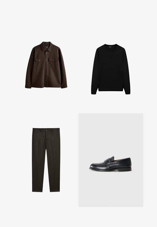 Hnědá košile s knoflíky a límcem, dvěma náprsními kapsami a druky; vyrobená z měkké tkaniny s hladkým povrchem.; Černý svetr s dlouhým rukávem akulatým výstřihem. Vyrobený z měkké látky, s klasickým střihem a žebrovanými manžetami a lemem. Bez vzorů nebo akcentů.; Tmavě hnědé kalhoty na míru s předními záševky, poutky na opasek, bočními kapsami a knoflíkovým zapínáním v pase.; Černé kožené mokasíny s kulatou špičkou, prošíváním a plochou gumovou podrážkou. Mají široký pás přes nárt.