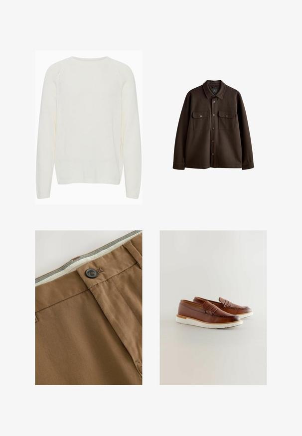 Smeđi jakna na gumb s ovratnikom, dva džepa na prsima i dugmadi na preklapanje; izrađena od mekane tkanine s glatkom teksturom.; Bijela pletena majica s okruglim izrezom, dugim raglan rukavima, rebrastim manžetama i malo slobodnijim krojem. Tekstura izgleda meko i lagano.; Smeđe pamučne hlače s patentnim zatvaračem, crnim kopčanjem na gumb i teksturiranom tkaninom. Imaju kontrastnu podstavu u struku.; Smeđe kožne mokasinke s bijelom gumenom potplatom, s tkanim detaljem sprijeda i niskim dizajnom za jednostavno obuvanje.