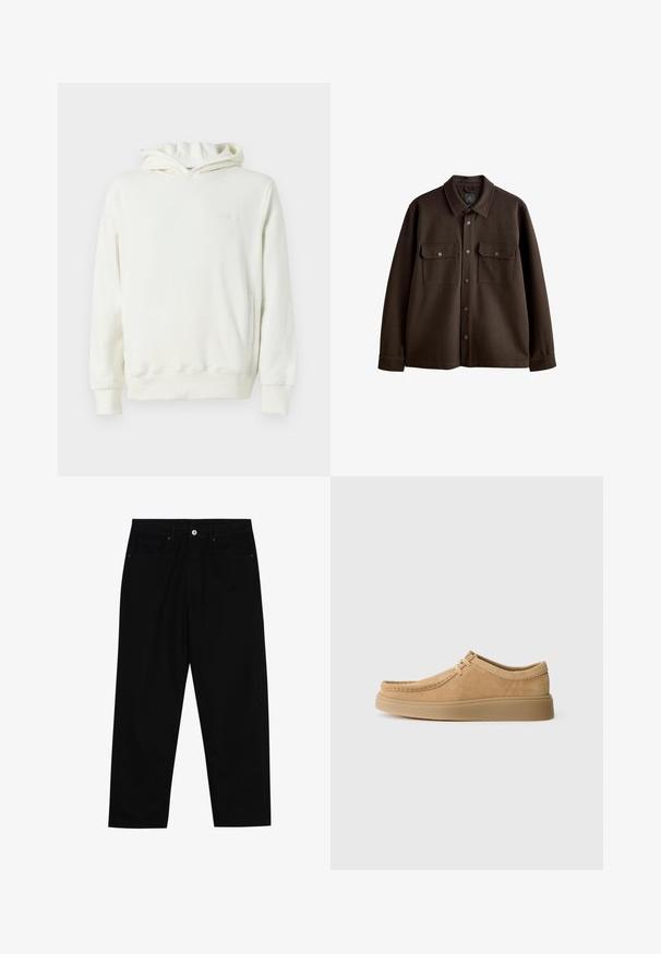 Hnedá bunda na gombíky s golierom, dvoma náprsními vreckami a patentnými gombíkmi; vyrobená z jemnej látky s hladkou textúrou.; Biely pulóver s kapucňou a dlhými rukávmi, predné vrecko, a jemne embosované logo na ľavej hrudi.; Čierne denimmové nohavice s rovný strihom, dizajnom s piatimi vreckami a upínaním na prednej strane. Hladká textúra s minimálnymi detailmi šitia.; Semišové šnurovacie topánky svetlo hnedé s okrúhlou špičkou, prešívaním a plochou gumovou podrážkou, ktoré majú hladký povrch.