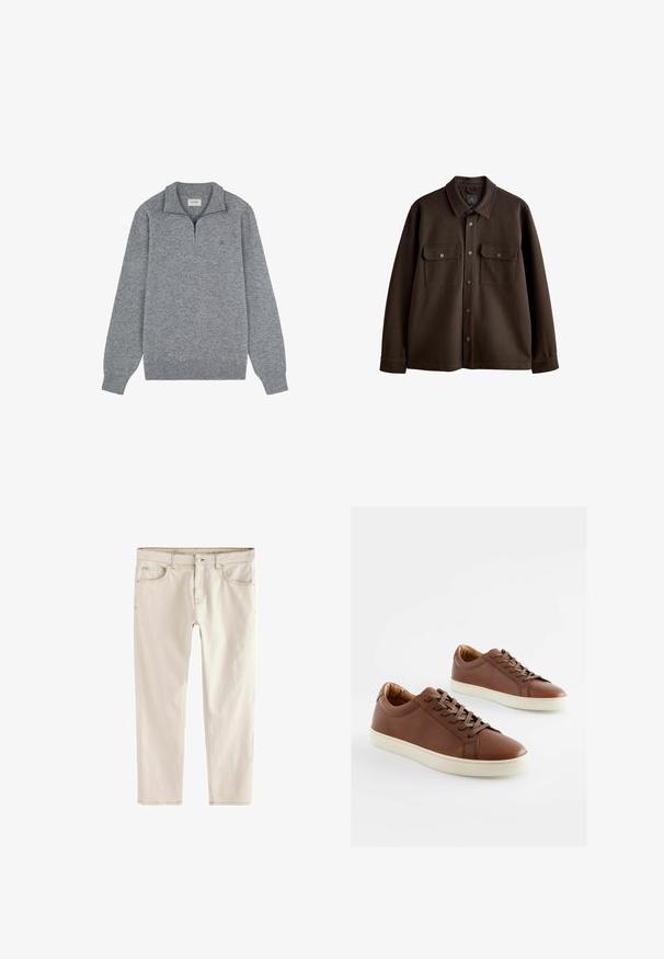 Veste marron à boutons avec un col, deux poches poitrine et des boutons-pression ; fabriquée en tissu doux avec une texture lisse.; Sweatshirt gris avec un col montant zippé, fabriqué en matière tricotée douce. Il présente des manches longues et un logo subtil sur la poitrine.; Jean slim beige clair avec une jambe droite, cinq poches, fermeture à bouton et à glissière, et coutures renforcées le long des seams.; Baskets en cuir marron avec une texture lisse, semelles en caoutchouc blanches et lacets marron assortis. Design à bout arrondi avec des détails de couture minimalistes.