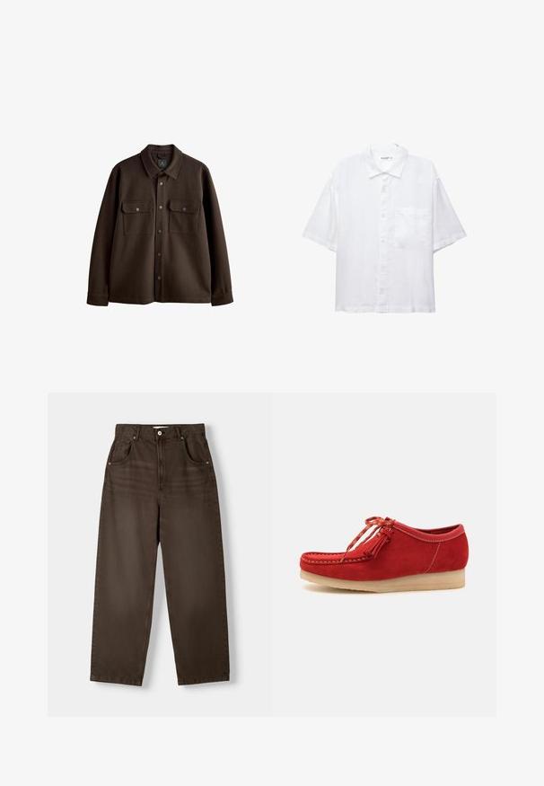 Giacca marrone, con bottoni, colletto, due tasche sul petto e bottoni a scatto; realizzata in tessuto morbido con una trama liscia.; Camicia bianca a maniche corte con chiusura a bottoni, colletto e una singola tasca sul petto. Realizzata in tessuto leggero con una texture liscia.; Pantaloni marroni a vita alta in denim, dotati di due tasche anteriori, chiusura con bottone e design a gamba dritta. Texture liscia.; Scarpa rossa in suede con punta arrotondata, frange sui lati e lacci multicolori. Presenta una suola platform di colore chiaro.