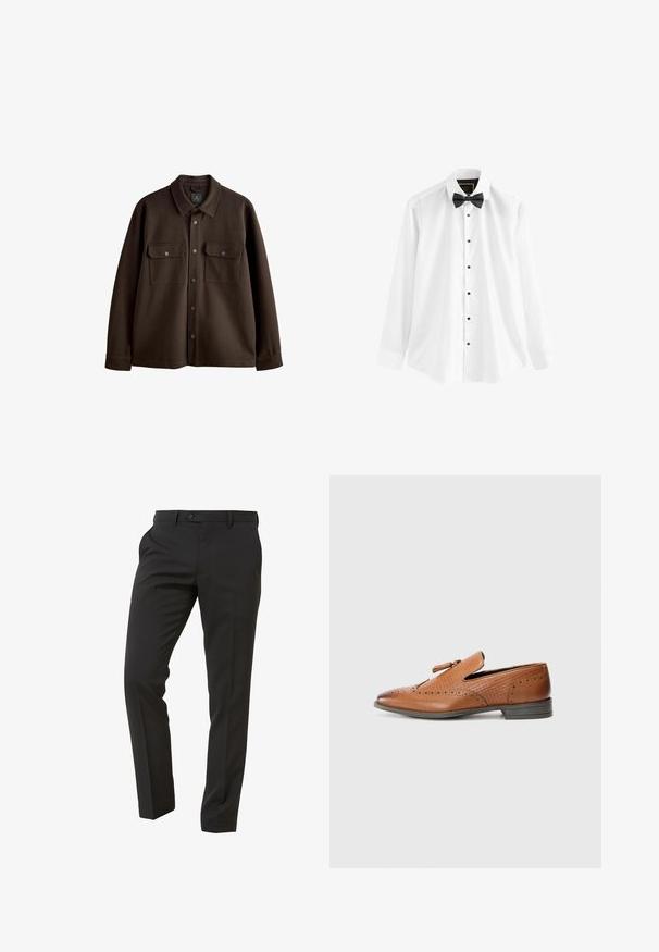 Ruskea, nappikiinnitteinen takki, jossa on kaulus, kaksi rintataskua ja nepparikiinnitykset; valmistettu pehmeästä kankaasta, jossa on sileä rakenne.; Valkoinen puuvillapaita, jossa on pitkät hihat, musta solmio ja mustat napit edessä.; Next Trousers - Suit Trousers Slim Fit - Puvunhousut - mottled black; Ruskeat nahkakengät, joissa on reikämaalaus, teksturoitu sivu, tasapohja ja koristeellinen solmu päällä. Klassinen muotoilu, jossa on sileä pinta.