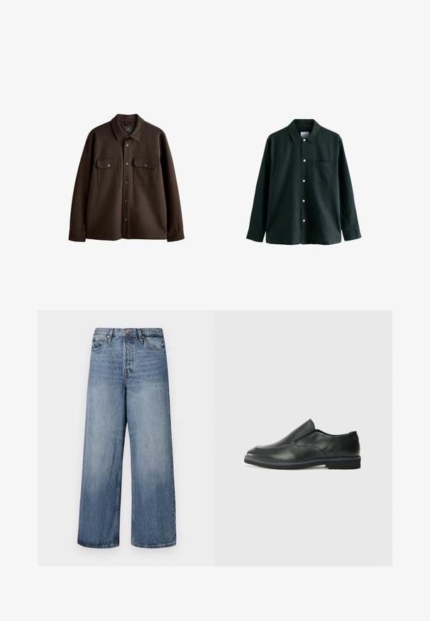 Smeđi jakna na gumb s ovratnikom, dva džepa na prsima i dugmadi na preklapanje; izrađena od mekane tkanine s glatkom teksturom.; Tamnozelena košulja s dugim rukavima, ovratnikom i jednim džepom na grudima; sadrži bijele gumbe i meku teksturu.; Široke plave traperice s izblijedjelim pranjem, dizajnom s pet džepova i kopčanjem na gumb. Opremljene su petljama za remen i šivenim detaljima.; Crne kožne cipele na sklapanje s glatkom gornjom površinom, prošivenim detaljima, zaobljenim vrhom i niskim gumene potplate. Potplat ima minimalne uzorke.