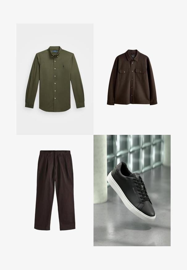 Rjav, jakna s gumbi in ovratnikom, z dvema prsoma žepoma in pritisnimi gumbi; izdelana iz mehke tkanine z gladko teksturo.; Olivno zelena srajca z dolgimi rokavi in gumbi. Ovratni dizajn z diskretnim izvezenim logotipom in standardnim gumbom na sprednji strani.; Next EDIT - REGULAR FIT - Hlače - brown; Črne usnjene teniske z belim gumijastim podplatom, okroglo konico in vezalkami. Imajo gladko teksturo in diskretno blagovno znamko na jeziku.