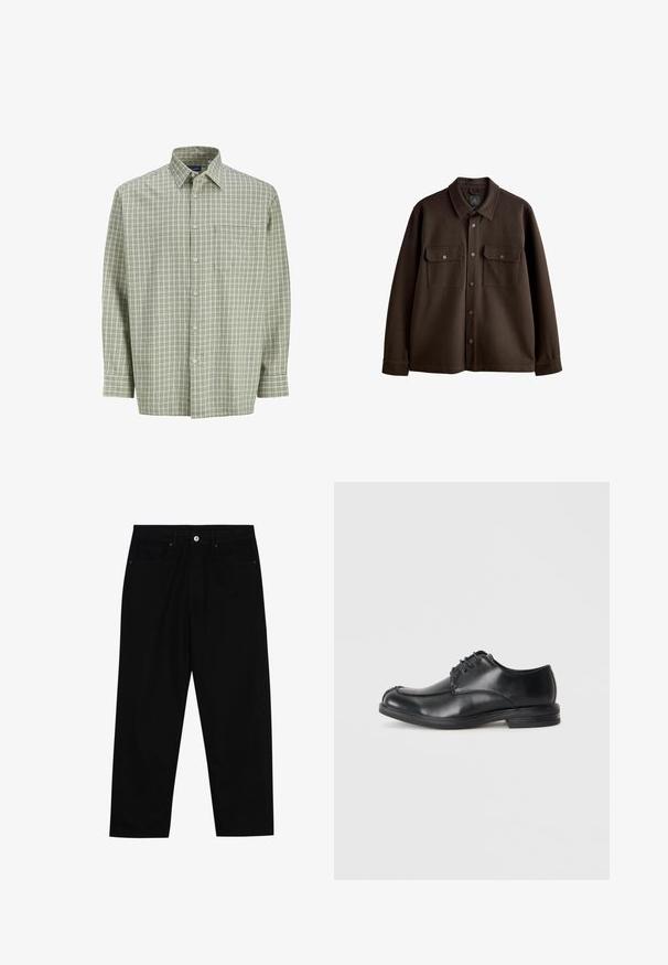 Hnědá košile s knoflíky a límcem, dvěma náprsními kapsami a druky; vyrobená z měkké tkaniny s hladkým povrchem.; Zeleno-bílá kostkovaná košile na knoflíky s dlouhými rukávy, přední kapsou a jemnou texturou. Klasický límec a zapínání na knoflíky.; Černé džíny s rovně střiženými nohavicemi, designem pěti kapes a předním zapínáním na knoflík. Hladký povrch s minimem švových detailů.; Černé kožené šněrovací boty s kulatou špičkou, hladkým povrchem a nízkým podpatkem. Mají šití podél svršku a stran.