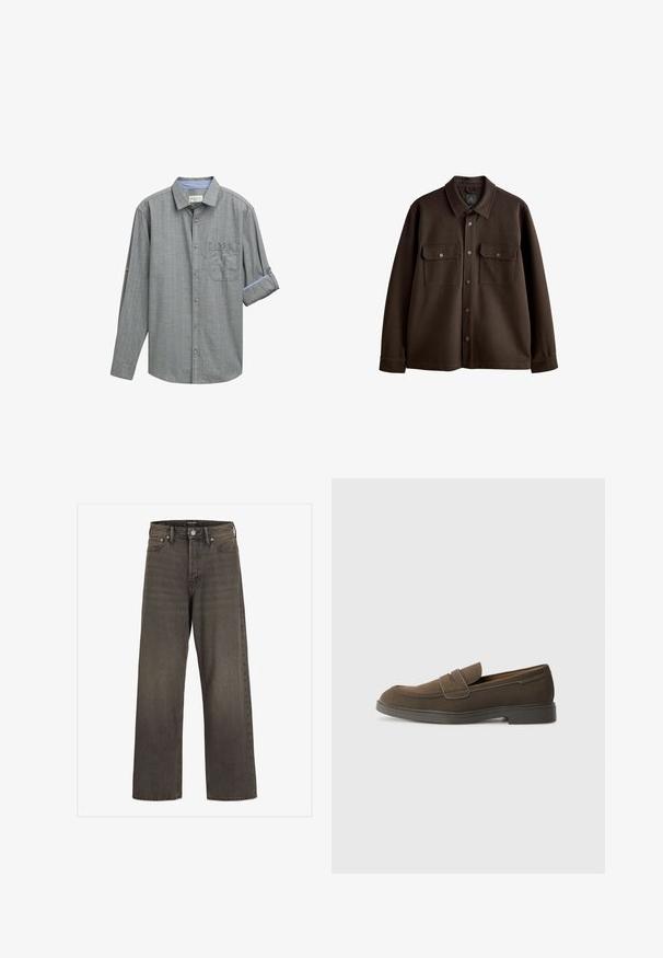 Barna, gombos zakó gallérral, két mellzsebbe és patentgombbal; puha szövetből készült, sima textúrával.; Szürke, hosszúujjú ing kockás mintával, gombos gallérral, egy mellzsebbel és kék díszítéssel ellátott felgöngyölt ujjal.; Széles lábú farmernadrág sötétszürke denimből, magas derékkal, klasszikus öt zsebes kialakítással és kontrasztos varrással az illesztések mentén.; Barna velúr loafer, lekerekített orral, egy csíkkal a lábfejen, és lapos gumitalppal. Egyszerű dizájn, letisztult vonalakkal és minimális részletezéssel.