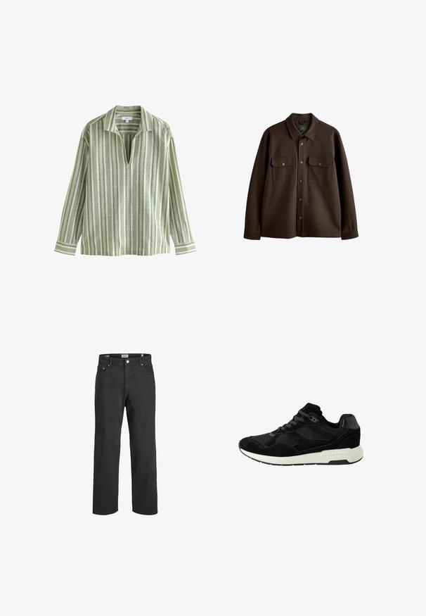 Ruskea, nappikiinnitteinen takki, jossa on kaulus, kaksi rintataskua ja nepparikiinnitykset; valmistettu pehmeästä kankaasta, jossa on sileä rakenne.; Vihreä raidallinen pitkähihaisena paita, jossa on kaulus, pystysuuntaisia raitoja vaihtelevissa vihreän ja kermankeltaisen sävyissä sekä V-mallinen kaula-aukko.; Musta suoranlahkeinen farkut, valmistettu puuvillasta, joissa on klassinen viiden taskun muotoilu, nappikiinnitys ja hienovaraiset ompeluyksityiskohdat.; Musta urheilukenkä, joka on valmistettu mokasta ja verkosta, jossa on pyöristetty kärki, nauhakiristys ja valkoinen kumipohja, jossa on tekstuurisia yksityiskohtia.