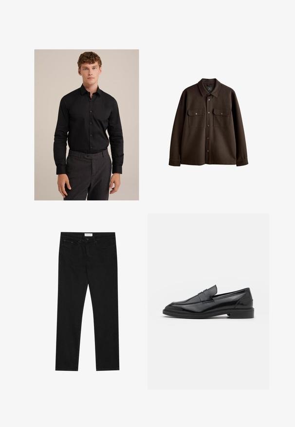 Chaqueta marrón de botones con cuello, dos bolsillos en el pecho y botones a presión; hecha de una tela suave con una textura lisa.; Camisa negra de manga larga con cuello abotonado y botones en el frente, fabricada en una tela suave, combinada con pantalones oscuros de patrones.; Jeans negros de pierna recta con diseño de cinco bolsillos, cierre de botón y cremallera, y etiqueta de la marca Pier One en la cinturilla.; Mocasines de cuero negro con un acabado suave, que presentan una punta redondeada y una banda estrecha en la parte superior. Tacón bajo apilado.