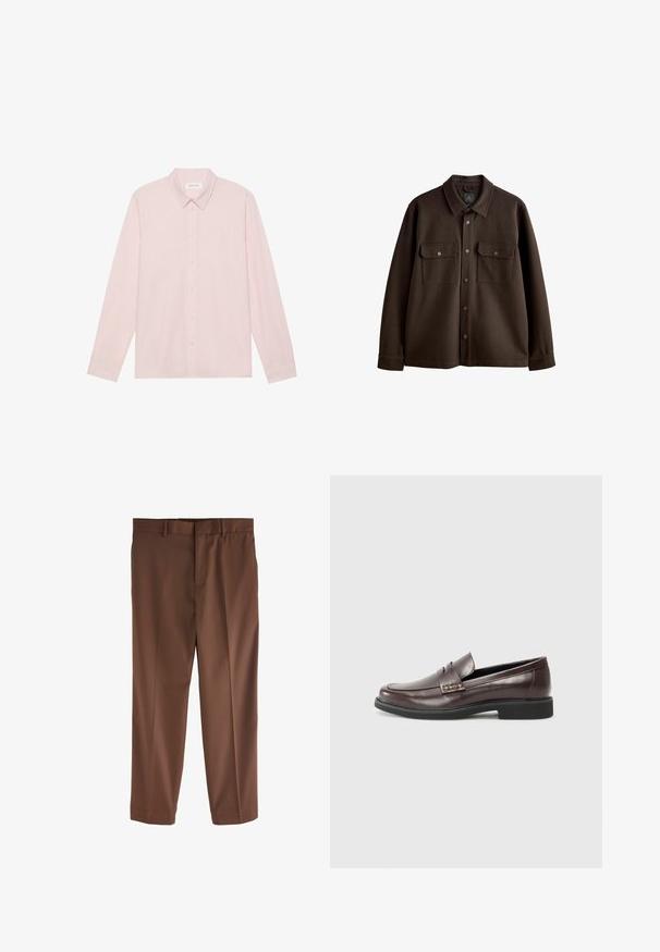 Rjav, jakna s gumbi in ovratnikom, z dvema prsoma žepoma in pritisnimi gumbi; izdelana iz mehke tkanine z gladko teksturo.; Svetlo roza srajca z dolgimi rokavi in gumbnim zapenjanjem, s koničastim ovratnikom, izdelana iz gladkega materiala in z minimalnim dizajnom.; Rjave krojene hlače z gladko teksturo, ravnim krojem, zankami za pas in enim sprednjim pregibom. Brez vidnih žepov ali dodatkov.; Rjavi usnjeni loaferji z gladko površino, ki imajo subtilne kvačkane detajle na zgornjem delu in črno gumijasto podplato.