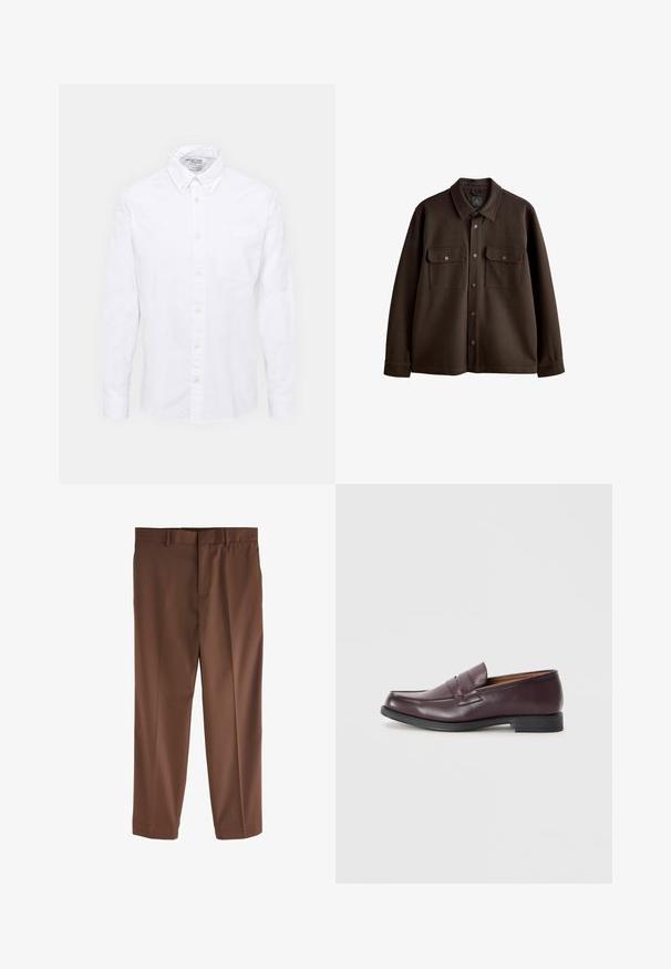 Jachetă maro, cu nasturi, cu guler, două buzunare pe piept și nasturi tip snap; realizată dintr-un material moale, cu o textură netedă.; Cămașă albă cu nasturi, fabricată din bumbac. Prezintă un guler clasic, buzunar frontal și mâneci lungi. Textură netedă cu un luciu subtil.; Pantaloni tailorți de culoare maro, cu o textură netedă, design cu picioare drepte, bucle pentru curea și un pliu frontal simplu. Fără buzunare sau accente vizibile.; Loafers din piele burgundy cu vârf rotund, detalii cusute subtile și o talpă neagră joasă. Design clasic cu embellishments minime.