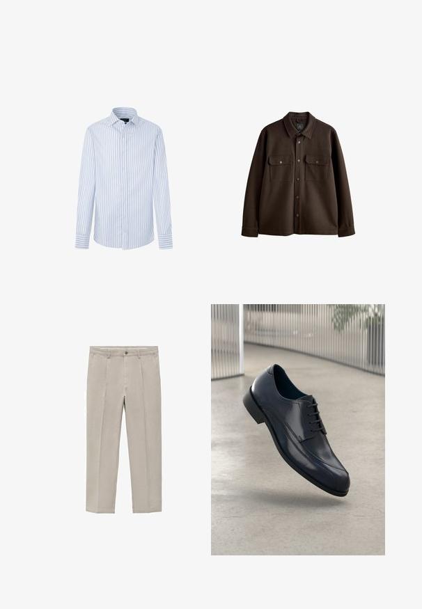 Bruine, button-up jas met een kraag, twee borstzakken en drukknoopsluitingen; gemaakt van zachte stof met een gladde textuur.; Hackett London STRIPES - Overhemd - blue white; Lichtbeige broeken van een katoenmix, met een rechte pijpdesign, voorplooien, een knoopsluiting en zijzakken.; Glanzende zwarte leren schoenen met veters, zwevend boven een glad, lichtgrijze vloer en verticale metalen stangen op de achtergrond.