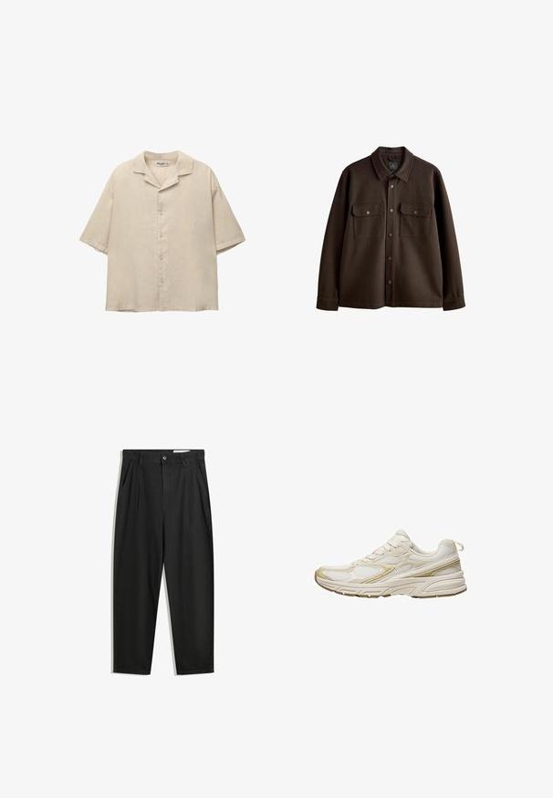 Bruine, button-up jas met een kraag, twee borstzakken en drukknoopsluitingen; gemaakt van zachte stof met een gladde textuur.; Korte mouw beige shirt van een lichtgewicht stof, met een geaccentueerde kraag en vijf knopen aan de voorkant, met een losse pasvorm.; Zwarte katoenen broeken met een losse pasvorm, voorzien van een klassieke tailleband, voorplooien en zijzakken. Gladde structuur zonder patronen.; Witte sportieve schoenen van mesh en synthetisch materiaal, met een afgeronde neus, een gevoerde zool en beige accenten aan de zijkanten.