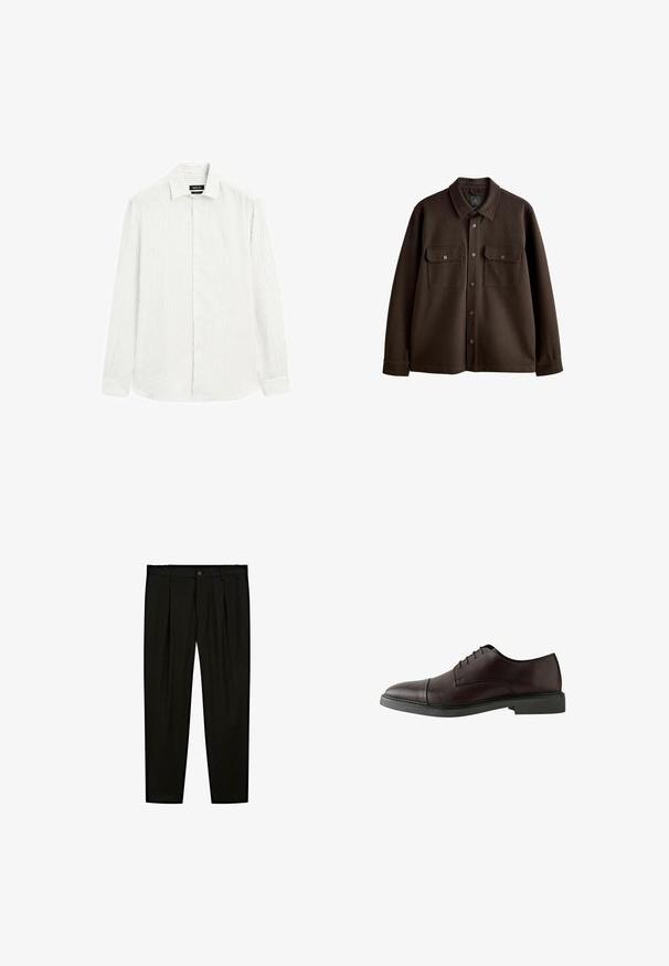 Braune, knöpfbare Jacke mit Kragen, zwei Brusttaschen und Druckknöpfen; aus weichem Stoff mit glatter Textur gefertigt.; Langarmhemd in Hellgrau mit subtilen vertikalen Streifen. Button-down-Kragen, durchgängige Knopfleiste und Ein-Knopf-Manschetten. Strukturiert gewebter Stoff.; Schwarze maßgeschneiderte Hose aus glattem Stoff. Zu den Merkmalen gehören eine flache Vorderseite, weite Beine und ein Knopfverschluss am Taillenbund.; Dunkelburgunderfarbener Leder-Schnürschuh mit abgerundetem Zehenbereich, flacher schwarzer Sohle, minimalen Nähdetails und glatter Textur.