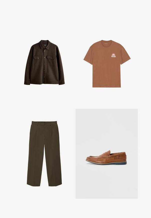 Brun knap-op jakke med krave, to brystlommer og trykknapper; lavet af blødt stof med en glat tekstur.; Brun kortærmet t-shirt lavet af bomuld, med et pink solgrafik og teksten "SOLAR" på venstre bryst. Crew neck design.; Brune, løst siddende bukser lavet af blødt stof med flad front, sidelommer og knaplukning i taljen. Ensfarvet design uden mønstre.; Brune læder loafers med rund tå, syninger og en lav gummisål. Designet har en rem over vristen.