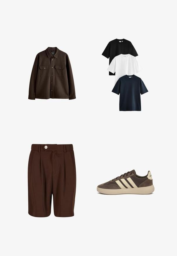 Braune, knöpfbare Jacke mit Kragen, zwei Brusttaschen und Druckknöpfen; aus weichem Stoff mit glatter Textur gefertigt.; Drei kurzärmlige T-Shirts übereinander gestapelt: eines in Schwarz, eines in Weiß und eines in Marineblau. Hergestellt aus Baumwolle mit Rundhals und lockerer Passform.; Braune plissierte Shorts aus glattem Stoff, mit Knopfverschluss und Taschen an den Seiten. Der Saum ist gerade mit minimalen Nähedetails.; Brauner Wildledersneaker mit drei weißen Streifen, abgerundetem Zehenbereich, dicker Gummisohle und minimaler Markenkennzeichnung an der Ferse.