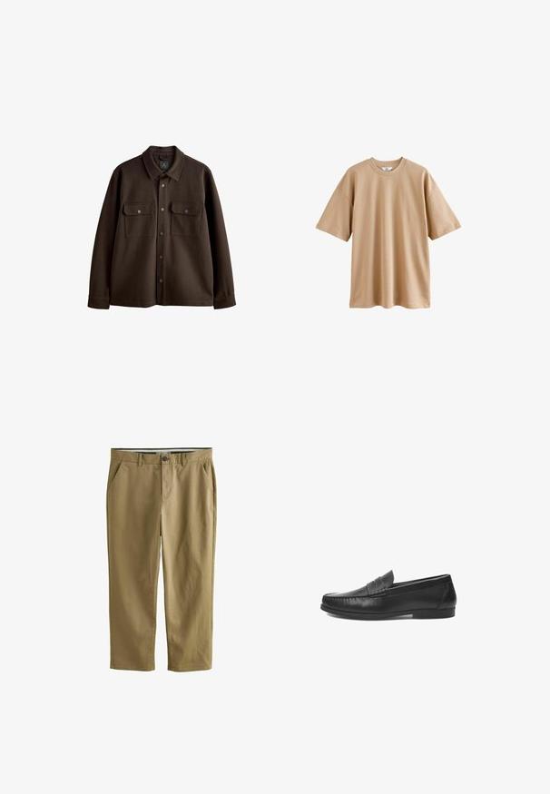 Rudas, mygtukais dėvimas švarkas su apykakle, dviem krūtinės kišenėmis ir snapeliais; pagamintas iš minkštos medžiagos su lygiu paviršiumi.; Šviesiai ruda trumpomis rankovėmis paminkštinta medvilninė marškinėliai su apvaliu kaklu ir laisvu kirpimu, pasižymintys lygiu paviršiumi ir be raštų ar akcentų.; Chaki chino kelnės, pagamintos iš medvilnės mišinio, su dviem šoniniais kišenėmis, mygtukų užsegimu, tiesiomis kojomis ir lygiu paviršiumi.; Juodos odinės loafers tipo bateliai su lygiu paviršiumi, pasižymintys siuvinėtomis detalėmis ir lengvai uždedamu dizainu. Plokščias padas su minimaliu protektoriumi.