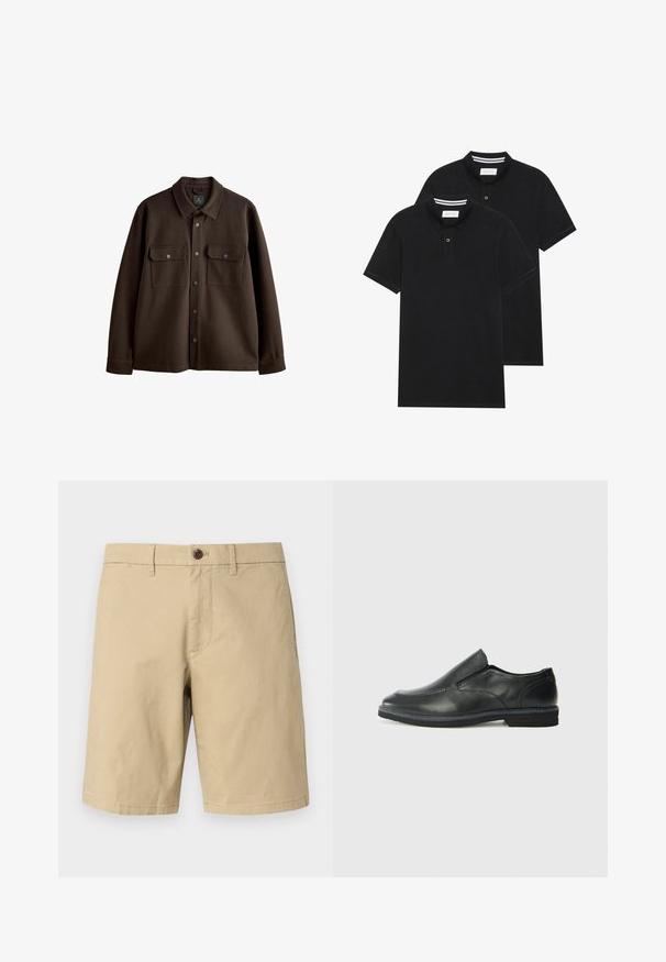 Pruun nööpidega jope, millel on krae, kaks rinnataskut ja nupud; valmistatud pehmest kangast, millel on sile tekstuur.; Kaks musta polo särki, lühikeste varrukatega, puuvillane materjal, klassikalise kraega, kahe nupuga kinnitusega, valgete triipudega krae sisepinnal.; GAP VINTAGE - Lühikesed püksid - khaki; Must musta laia suuga king, millel on sile ülemine osa, õmmeldud detailid, ümmargune nina ja madal kummist konts. Tallal on minimaalne mustr.