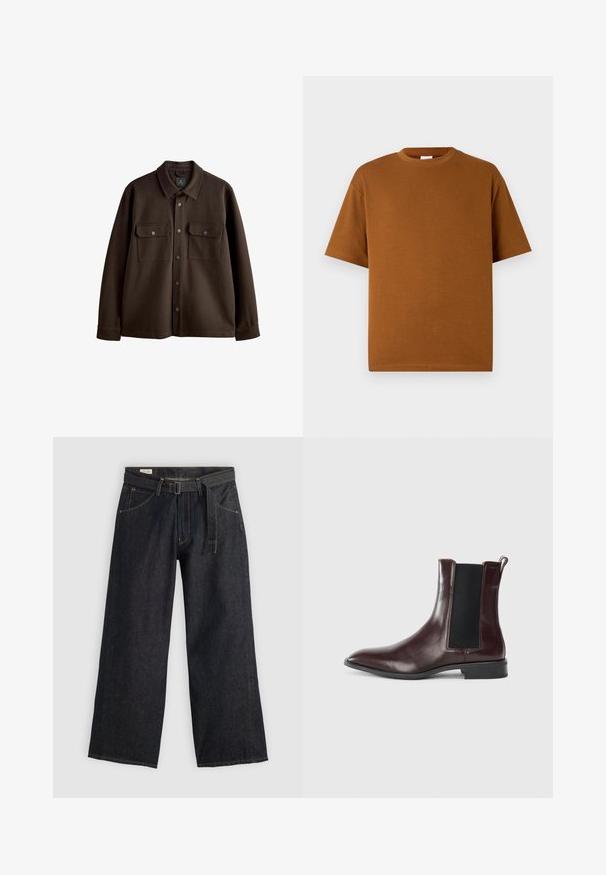 Smeđi jakna na gumb s ovratnikom, dva džepa na prsima i dugmadi na preklapanje; izrađena od mekane tkanine s glatkom teksturom.; Smeđi majica kratkih rukava od mekog materijala, s okruglim izrezom i opuštenim krojem sa ravnim rubom. Nema vidljivih uzoraka ili naglasaka.; Tamne tamnoplavih širokih hlača s pojasom u struku, s prednjim džepovima i kontrastnim šavovima. Glatka tekstura s jednostavnim dizajnom.; Smeđe kožne Chelsea čizme s elastičnim bočnim panelima, šiljatim vrhom i glatkom teksturom. Crna baza i suptilni detalji šivanja.