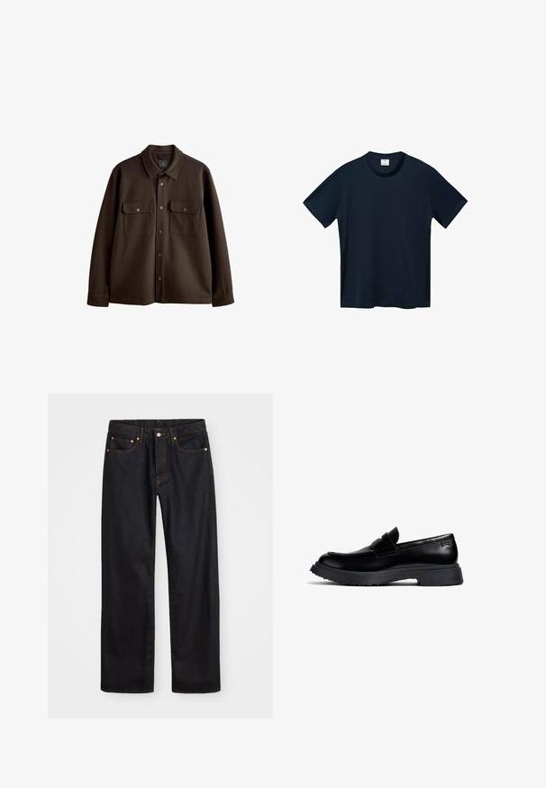 Hnedá bunda na gombíky s golierom, dvoma náprsními vreckami a patentnými gombíkmi; vyrobená z jemnej látky s hladkou textúrou.; Tmavomodré tričko s krátkym rukávom vyrobené z jemnej bavlny, s okrúhlym výstrihom a čistým, rovnomerne strihaným lemom bez viditeľných vzorov.; Pánske rovné čierne riflové nohavice s piatimi vreckami a oranžovým prešívaním, s gombíkom a zipsom na prednom páse.; Čierne kožené penny loafer topánky s hrubou gumovou podrážkou a detailom značky na päte, zobrazené z profilu na bielom pozadí.
