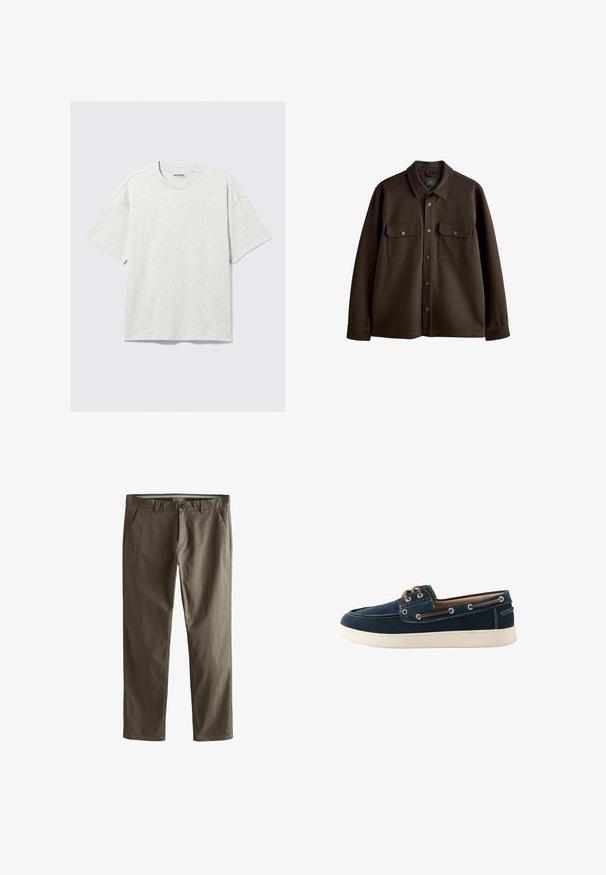 Brūna, pogājama jaka ar apkakli, divām krūšu kabatām un pogām ar sprādzi; izgatavota no mīkstas auduma ar gludu tekstūru.; Gaiši pelēks īsām piedurknēm t-krekls, izgatavots no džersija auduma. Iebūvēta apaļa kakla izgriezums, brīvs piegriezums un smalka tekstūra. Etiķete norāda "WEEKDAY."; Brūni kokvilnas chinos ar taisnu kāju dizainu, priekšējiem kabatām un pogu aizdari. Raksturīga gluda tekstūra un tīras līnijas.; Jūras zila laivu apavi, izgatavoti no auduma ar baltu šuvumu un gumijas zoli. Iezīmējas ar brūnām auklām un acīm. Apaļas pirkstu formas dizains.