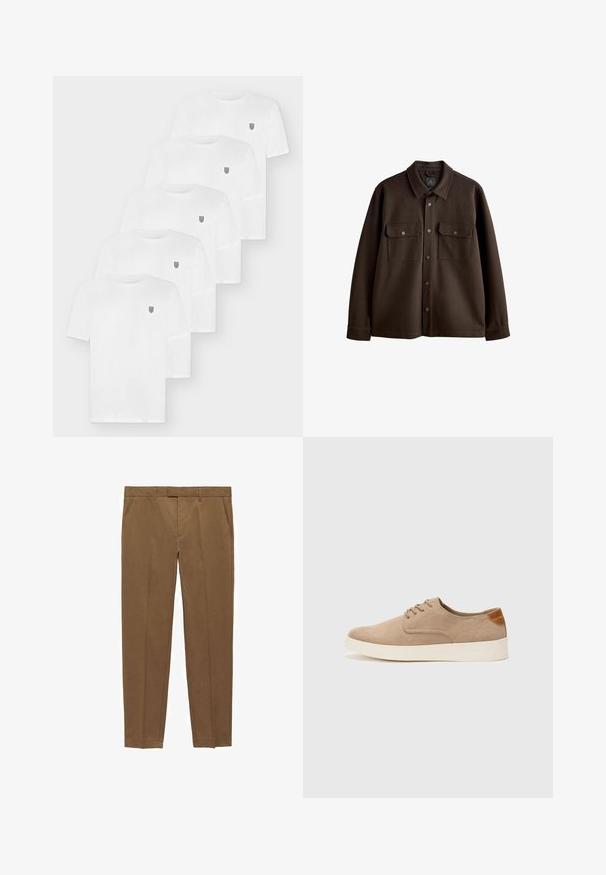 Smeđi jakna na gumb s ovratnikom, dva džepa na prsima i dugmadi na preklapanje; izrađena od mekane tkanine s glatkom teksturom.; Pet bijelih pamučnih majica kratkih rukava. Svaka ima mali amblem na lijevoj strani prsa. Klasični dizajn s okruglim izrezom.; Smeđi krojeni hlače od glatkog materijala, s ravnim prednjim dijelom, ravnim nogavicama, petljama za remen i bočnim džepovima.; Bež nubuk tenisice s okruglim vrhom, vezanjem sprijeda i teksturiranim stražnjim naglaskom. Bijela gumena potpetica pruža kontrast. Jednostavan i moderan dizajn.