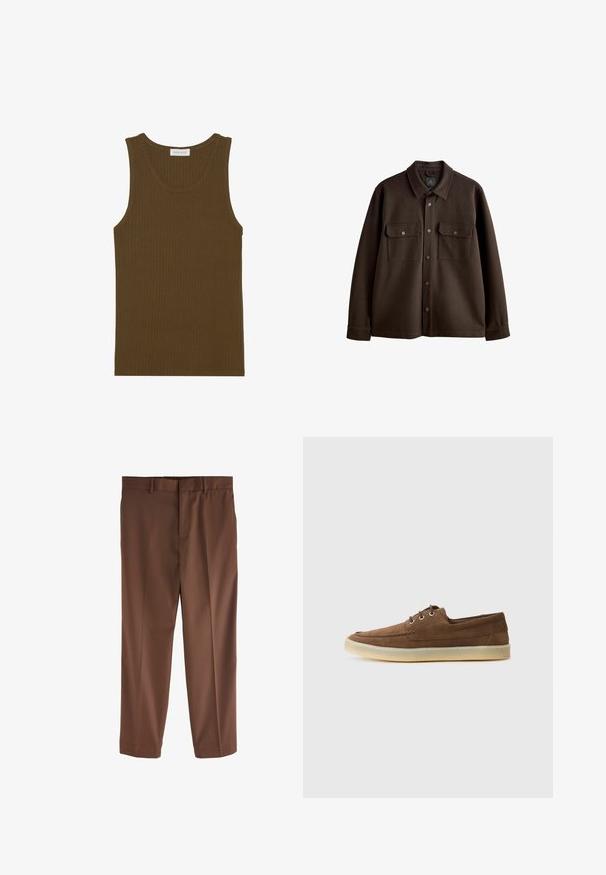 Hnědá košile s knoflíky a límcem, dvěma náprsními kapsami a druky; vyrobená z měkké tkaniny s hladkým povrchem.; Rybkový top bez rukávů v tmavě olivově zelené barvě, s kulatým výstřihem a hladkým zakončením, vyrobený z měkkého materiálu.; Hnědé upravené kalhoty s hladkou texturou, rovnými nohavicemi, poutky na pásek a jedním předním skladem. Bez viditelných kapes nebo akcentů.; Hnědé semišové boty s nízkým profilem, šněrovacím designem, gumovou podrážkou a kontrastními švy. Jednoduchý a funkční styl.